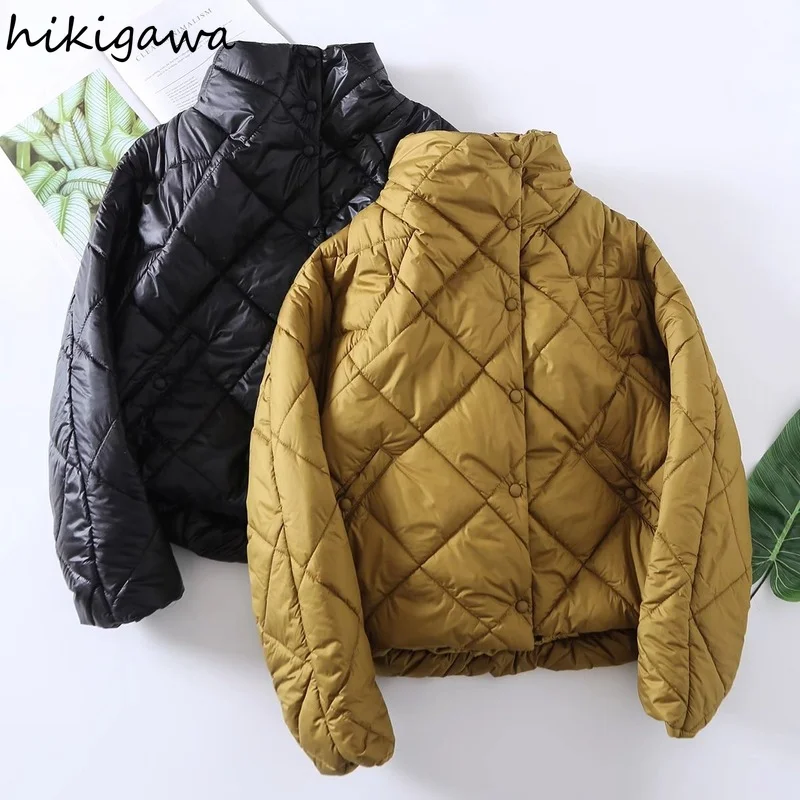 

Hikigawa Women Fashion Thick Winter Warm Coats Solid Stand Collar Casual Long Sleeve Parkas Jackets Female Outerwear Chic Tops