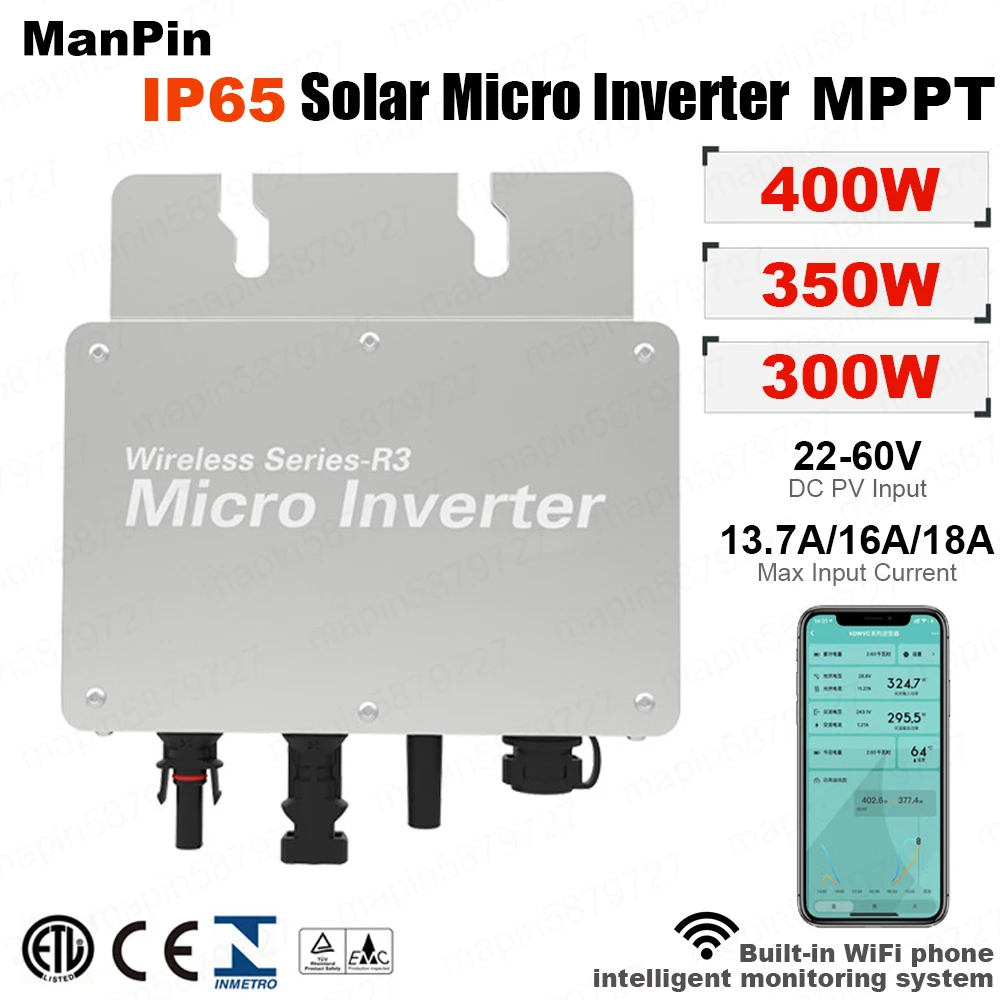 

IP65 PV Solar Micro Inverter WVC 300W 350W 400W Ac Output 110V/230V Auto Grid Tie Build-in MPPT WIFI Phone Intelligent Monitor