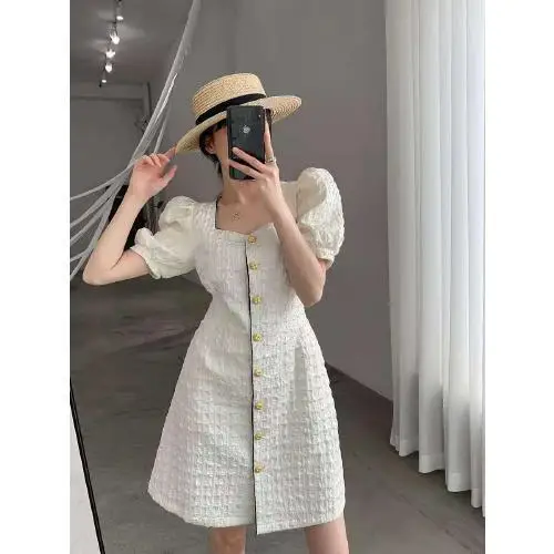

Rice White Square Collar Dress Female 2022 New French Sweet Wind Hubble-bubble Sleeve Skirt Summer Clothes For Women Vestido Y2k