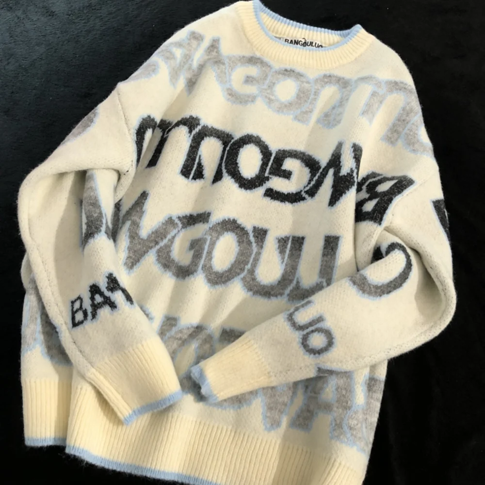 

Пуловер в стиле ретро Харадзюку с градиентными буквами, свитер для мужчин и женщин, новинка, модный Свободный Универсальный Повседневный вя...