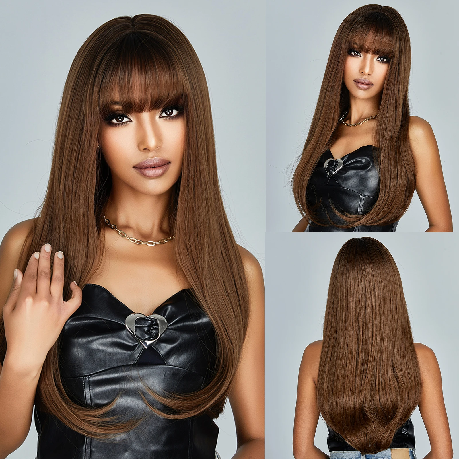 

Long Brown Straight Synthetic Wigs with Bangs for Black Women Ombre Natuarl Looking Brown Heat Resistant Wig for Daily Party Use