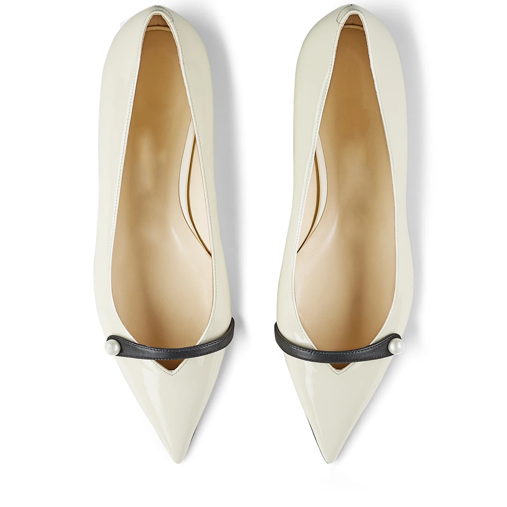 2023 Women's Nude Flat Pumps With Pearl Decor Pointed Toe White Strappy Flats Casual Dress Shoes Ladies Large Size Party Shoe