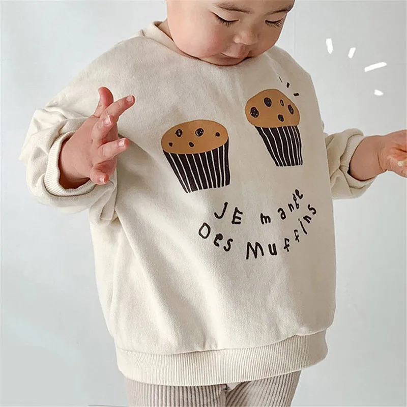 

EnkeliBB Toddler Boy Loose Sweatshirt Lovely Cake Pattern Unisex Kids Long Sleeve Spring Autumn Clothes Korean Kids Tops