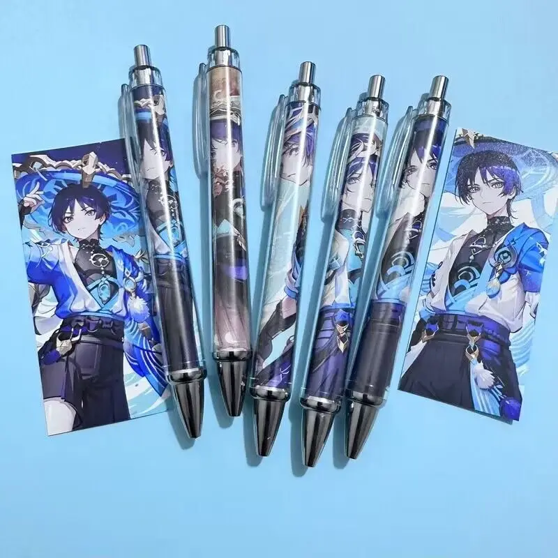 5 шт. аниме Genshin рандомная разноцветная ручка тонкая черная мультяшная чернила