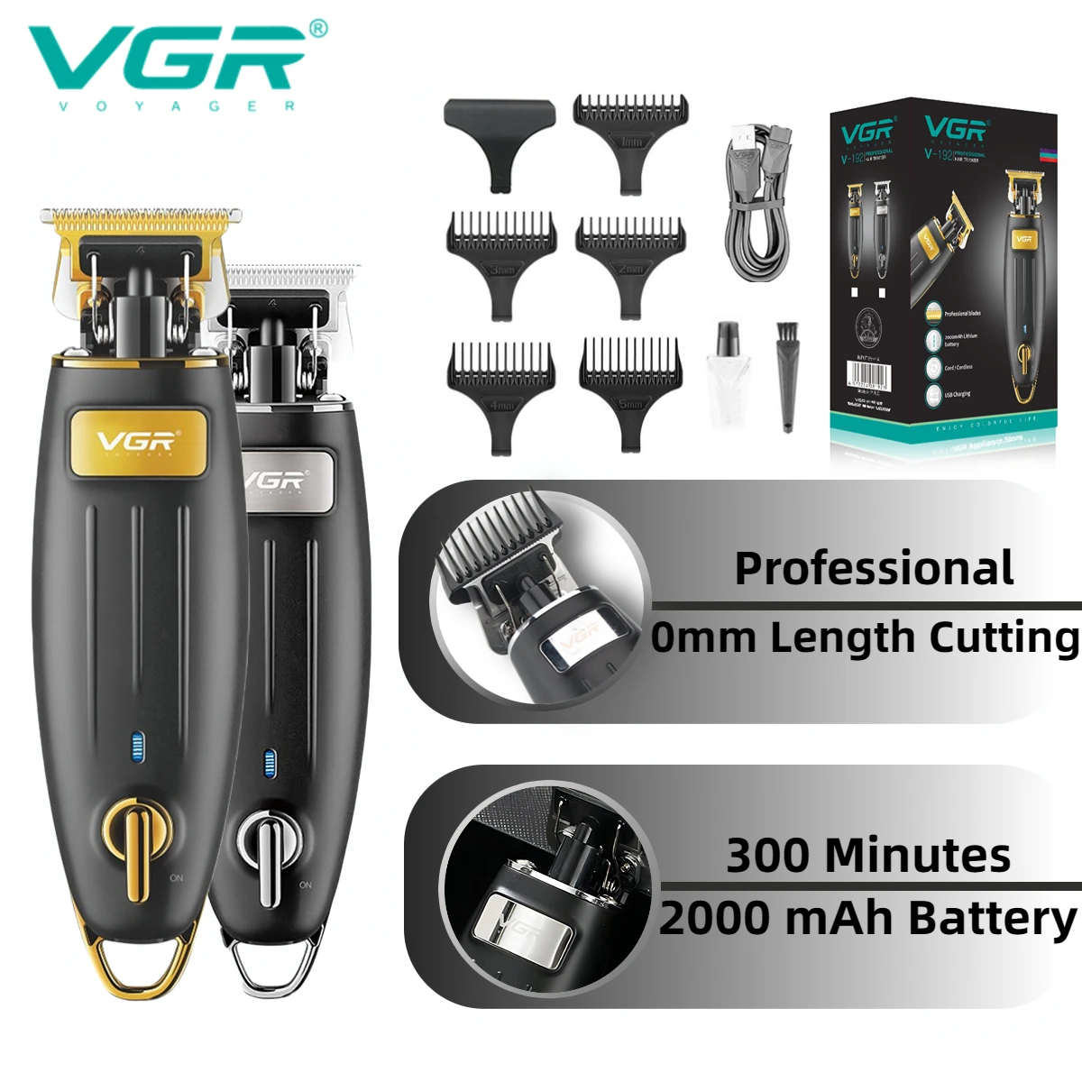 

VGR Hair Clipper Professional Hair Trimmer T-Blade Hair Clippers Wireless Electric Rechargeable Mini 0mm Cutting Machine V-192