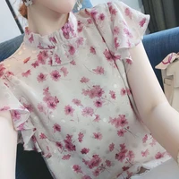 women elegant fashion floral chiffon stand collar blouses casual summer 2022 loose flying sleeve all match pullover shirt female