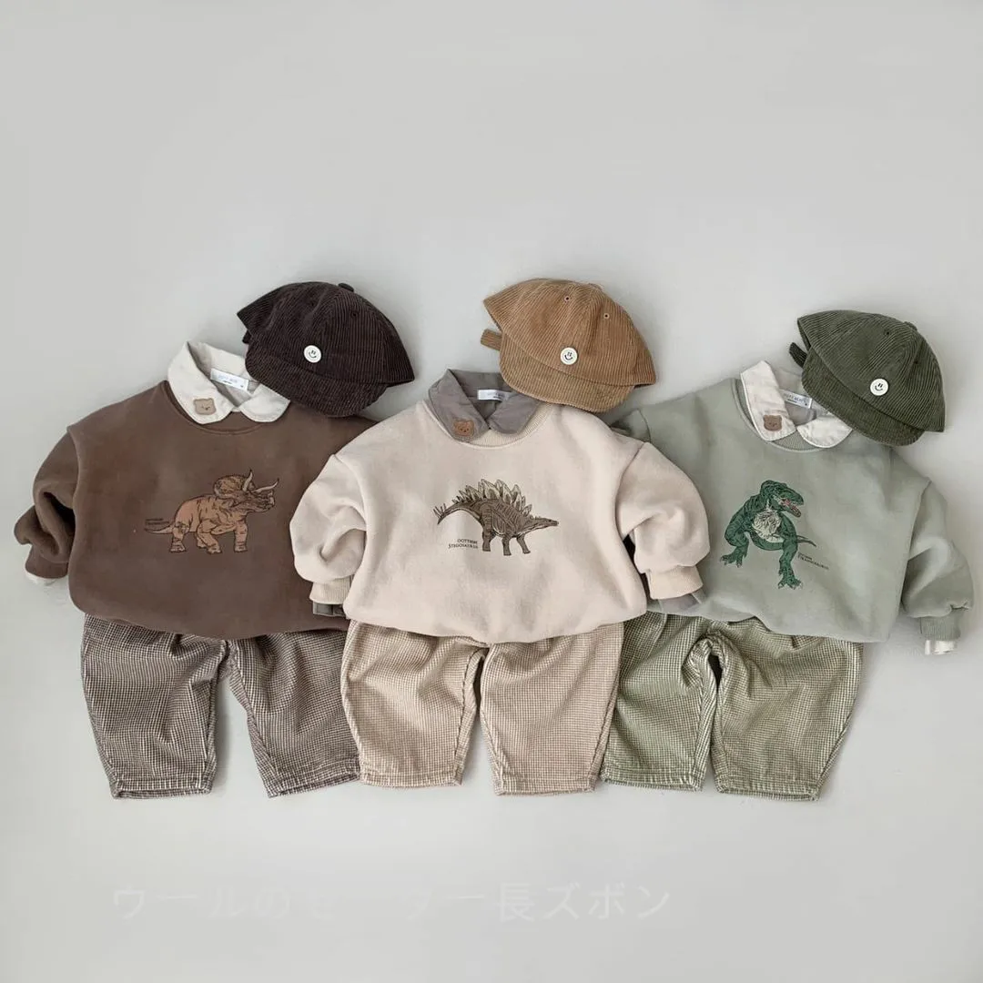 

2Pcs Korean Children's Plush Sweater Trousers Animal Boy Girl Thickened Dinosaur Pullover Autumn Winter Clothes Set
