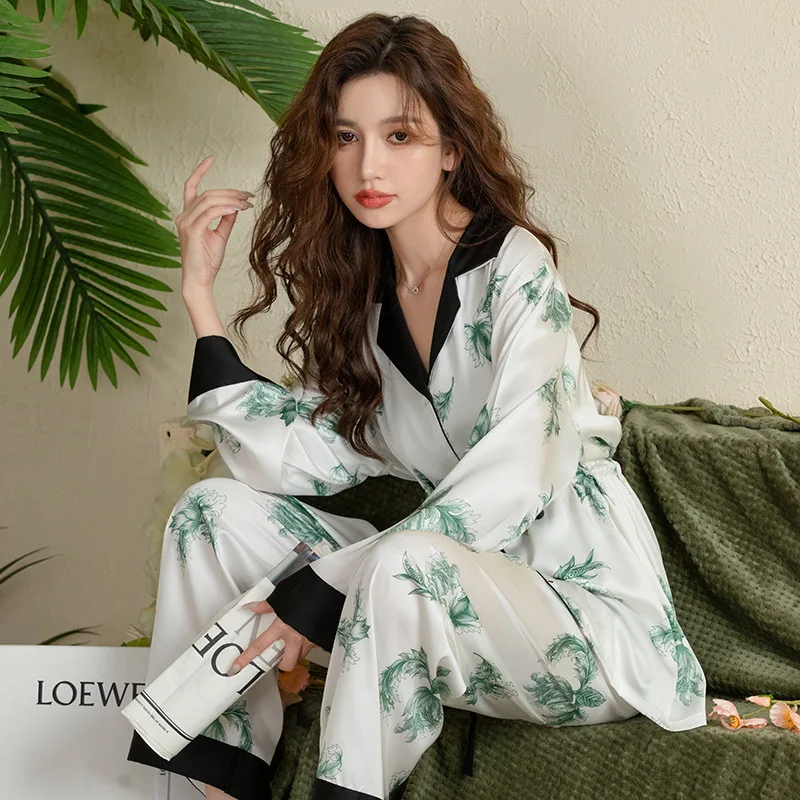Women's Pajamas Sets Satin Print Sleepwear Spring Summer French Style Lace Cuff Trousers Long Sleeve Fashion Casual Home Suit