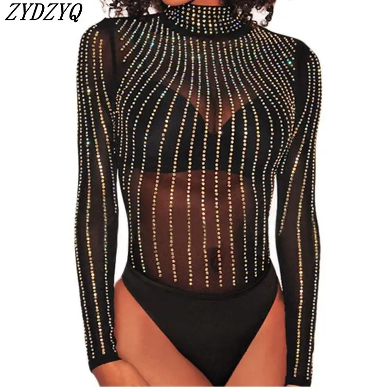 

ZYDZYQ Bodysuit Fall Clothing Black Mesh Hot Drill Sexy Bodycon Rompers Women Fashion One Piece Club Outfit Streetwear Wholesale