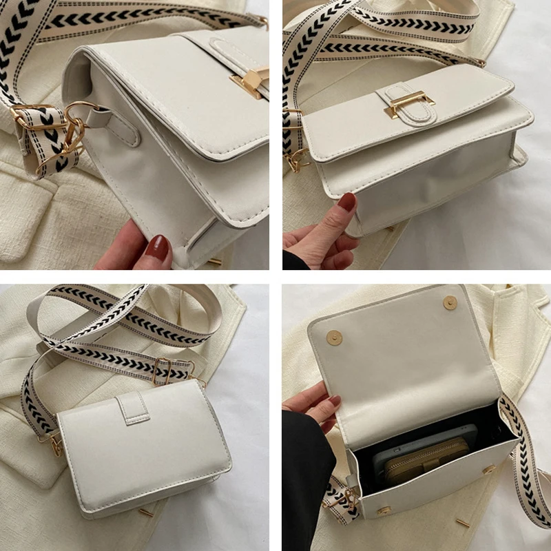 Fashion Women Shoulder Bags PU Leather Vintage Crossbody Bag Casual Wide Strap Messenger Bags Luxury Designer Metal Lock Handbag