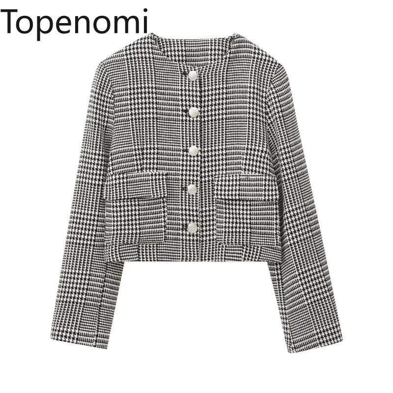 Topenomi элегантное клетчатое короткое пальто женское 2024 осень-зима модный костюм с