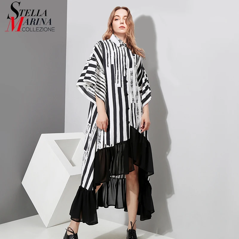 

Новинка 2019, женское летнее асимметричное черное платье-рубашка в полоску, платье большого размера с оборками и рукавом 1/2 для ночной вечерин...