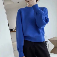 2021 new korean style loose casual refined stylish and versatile space cotton solid color crew neck pullover sweatshirt women