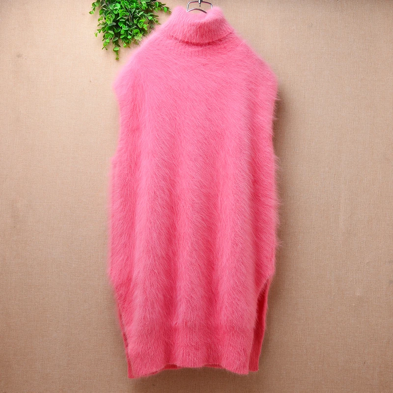 

ladies women fashion sweet pink hairy mink cashmere knitted turtleneck sleeveless loose pullover angora fur jumper sweater vest