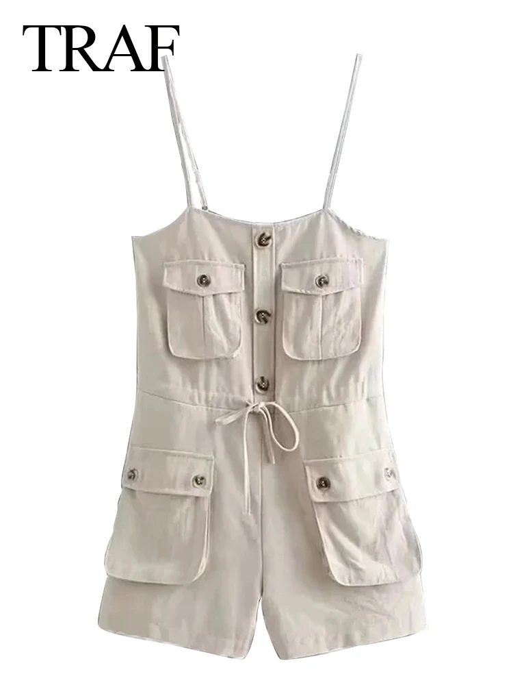 

Комбинезон женский однотонный из хлопка и льна с регулируемыми бретельками и карманами