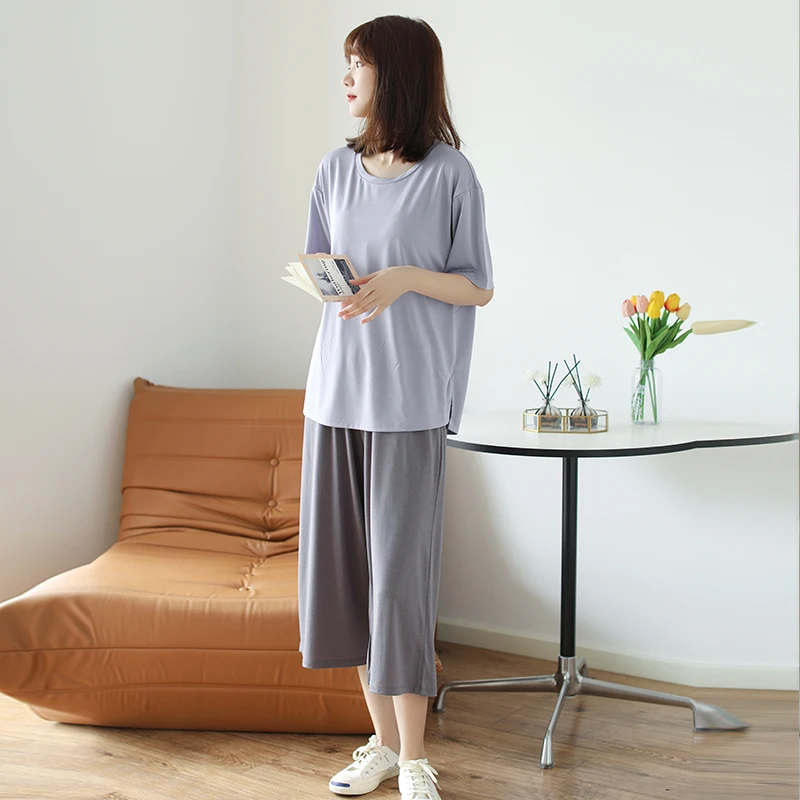 Ice Silk Nightwears for Ladies Chest Pad Women's Home Clothes Sets Crew Neck Sleepwear Women's Pajamas Free Shipping Puller Thin