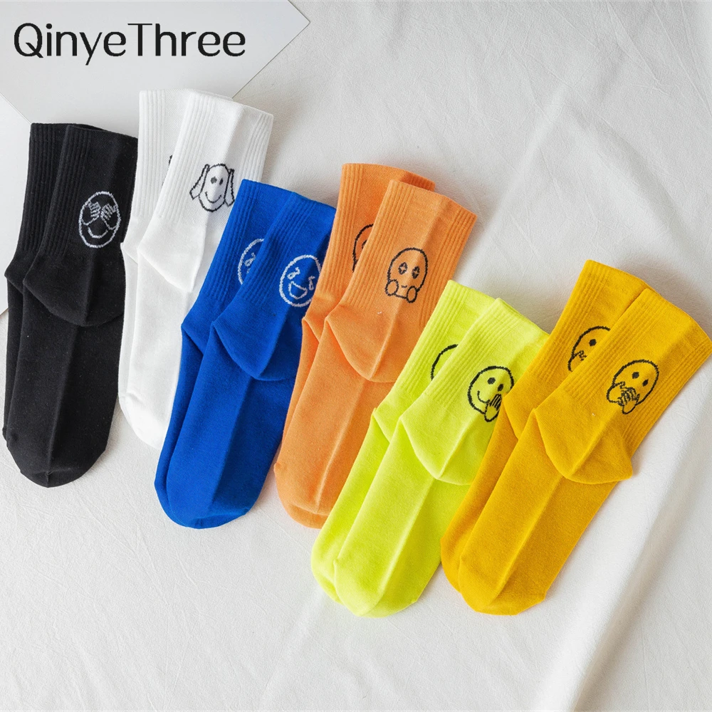 

New Women Funny Bright Colored Happy Expression Harajuku Hipster Skateboard Street Sport Unisex Family Cotton Socks Dropship
