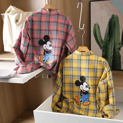 

Disney Spring new simple lady plaid shirt back retro printing Mickey mouse plaid shirt female blouse