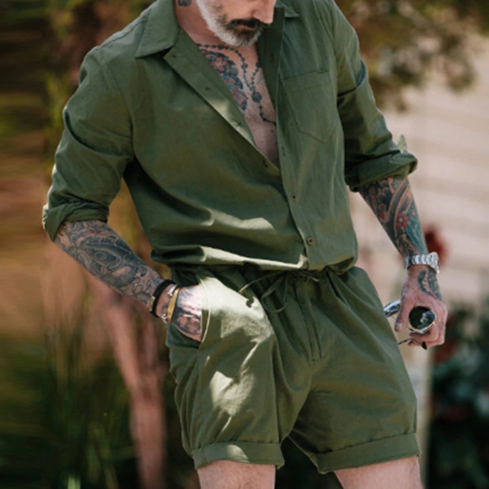 Pure Color Cotton and Linen Short-sleeved Shirt Shorts Two-piece Simple Casual Sports Suit Men's Breathable Fashion Gentleman