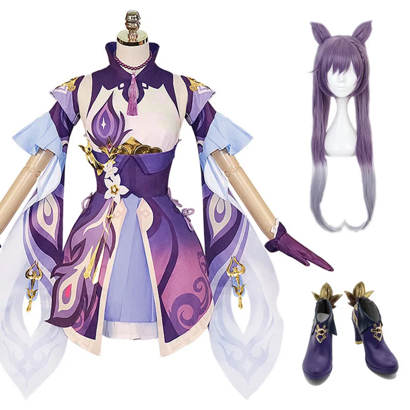 

Игровые костюмы для косплея Keqing Genshin Ke Qing Impact Хэллоуин конский хвост Keqing смешанный фиолетовый косплей