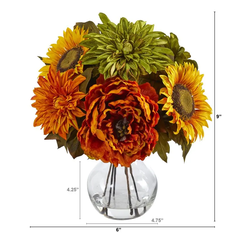 

Charming 35-Piece Colorful Artificial Peony, Dahlia, and Sunflower Floral Arrangement in Glass Vase