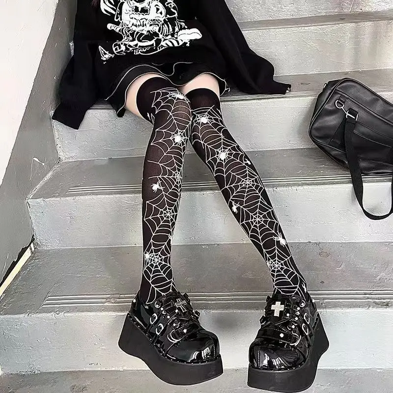 Subculture Classic Lolita Black Goth Cute Stockings Thigh Highs Japanese Girls Gothic Punk Retro Spider Web Skull Bat Long Socks