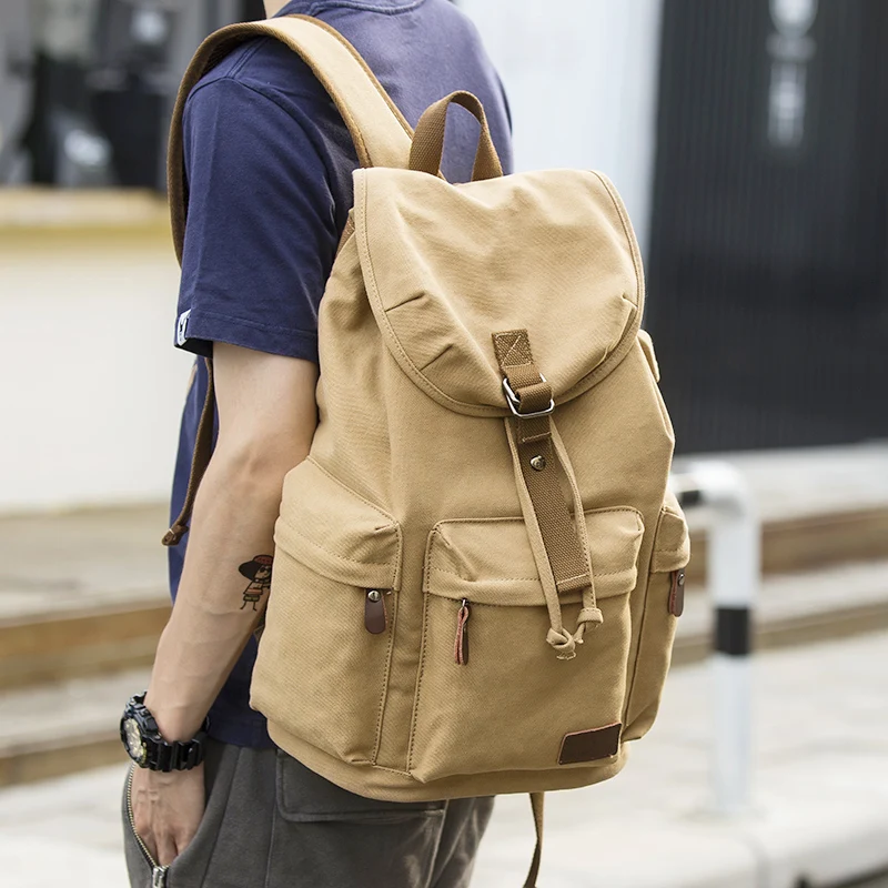 New Canvas Khaki Bag Men's Backpack Vintage 14inch Laptop Large Capacity  Drawstring Travel Outdoor Fashion Student Knapsack