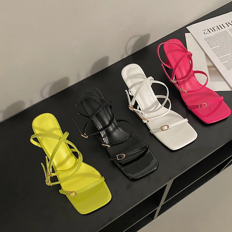Neon Color Buckle Stripe Sandals Woman Fashion Square Toe Ankle Straps Sandalias Ladies Summer High Heel Party Pump Shoes
