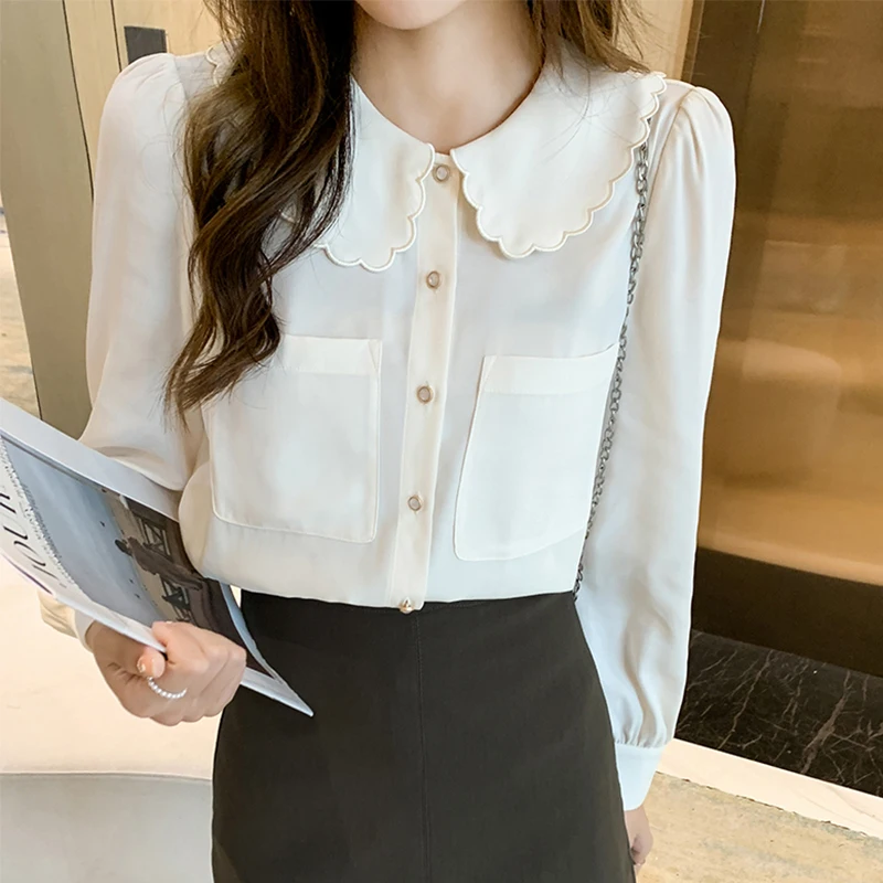 

Блузка женская шифоновая с длинным рукавом, повседневный модный топ свободного покроя для девушек, Однотонная рубашка, лето