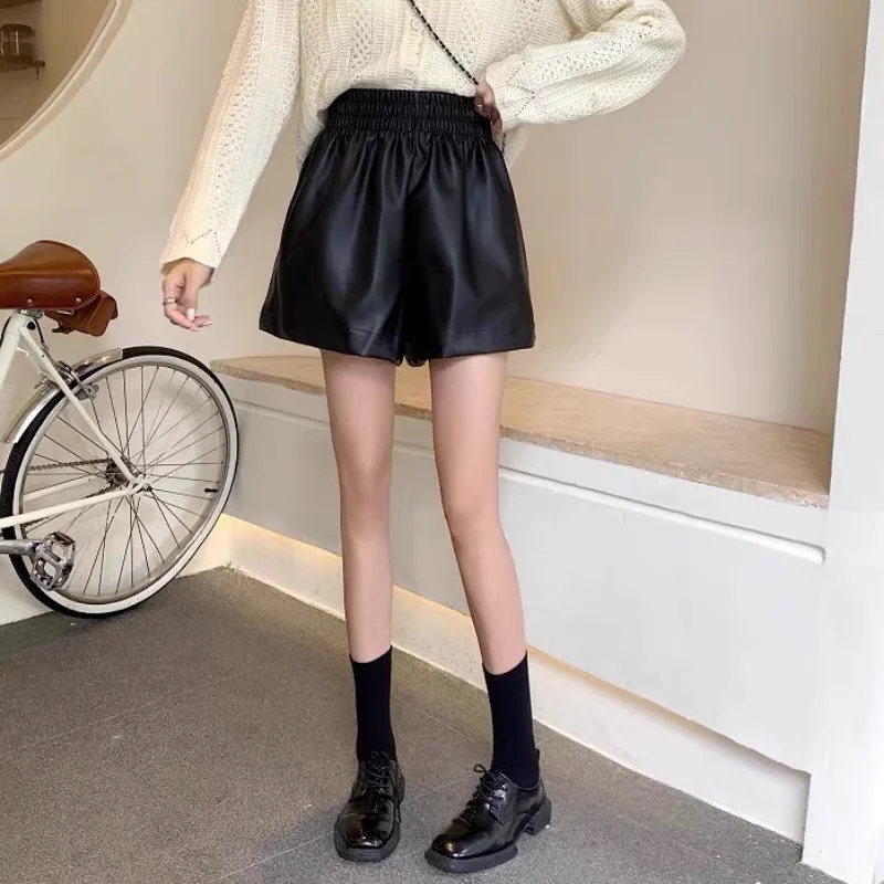 Brown PU Leather Shorts for Women Elastic Waist  A Line Wide Leg Pants Vintage Casual Bottoms Female Korean Style Clothing