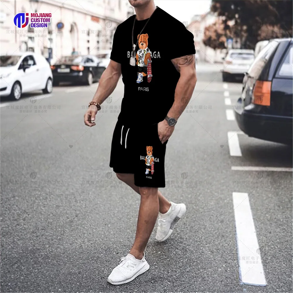 Oversized 3D Printing T-shirt Bear Print Pattern T-shirt Set Fashion Luxury Designer Round Neck Short Sleeve Top Summer Shorts