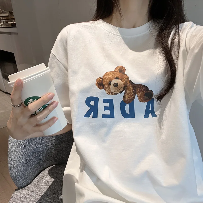 

Свободная Женская футболка с коротким рукавом, с мультяшным медведем