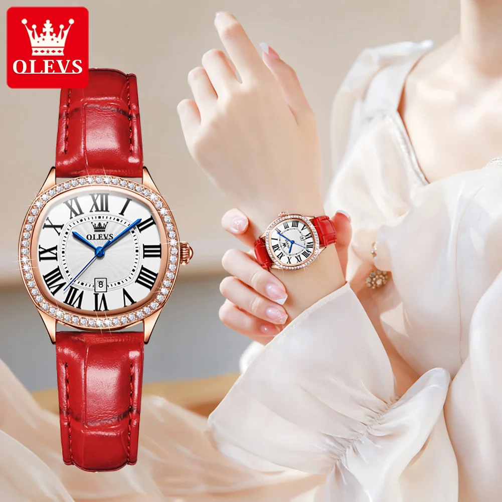 OLEVS Classic Square Quartz Watches Bracelet Set Women's Luxury Red Leather  Fashion Rhinestones Women Wrsitwatches Montre Femme
