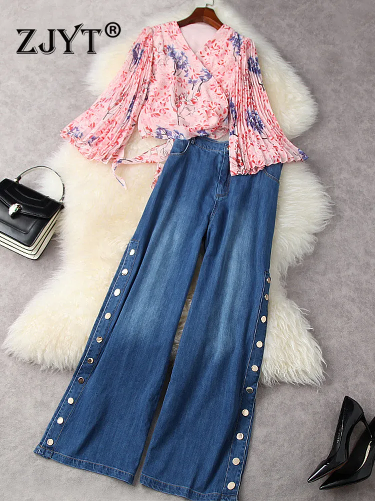 ZJYT Print Chiffon Blouse Pants Set Costume Women 2022 Spring Summer Jeans Two Pieces Outfits Flare Sleeve Top Trousers Suits