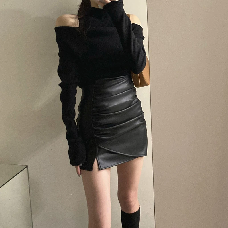 

Europe autumn spring fashion women's skirt 2023 street spice girl online celebrity fold slim slim mini PU skirt female