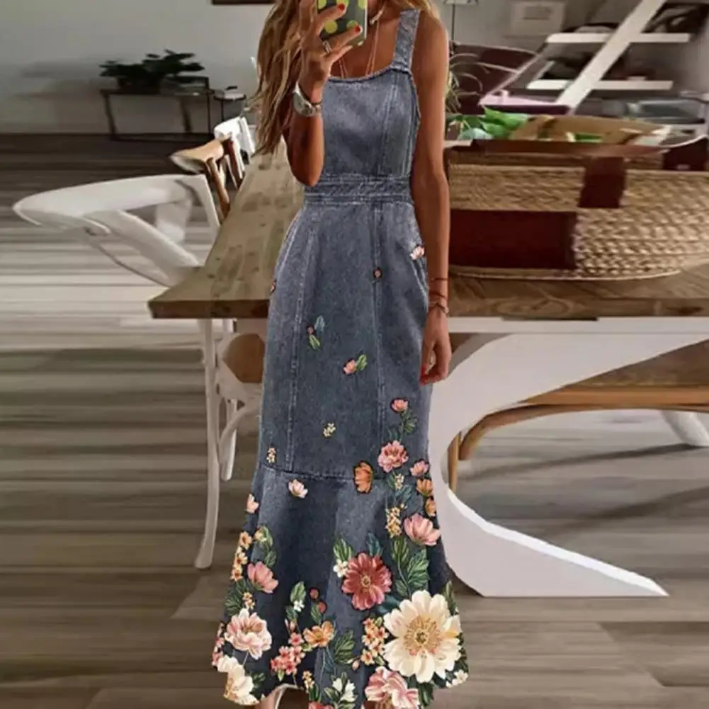 

Slim Ruffle Hem Vivid Flower Print Women Denim Maxi Dress for Vacation