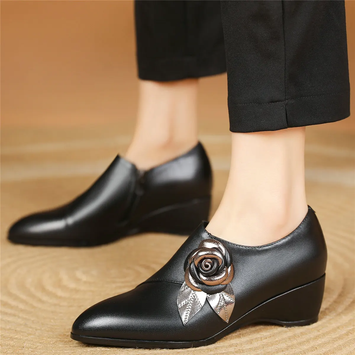Flowers Platform Oxfords Party Shoes Women Genuine Leather Wedges Med Heels Pumps Female Round Toe Fashion Sneakers Casual Shoes