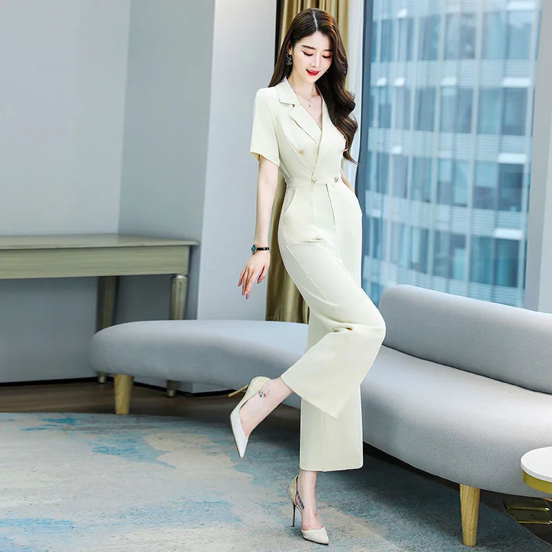 

Женский офисный комбинезон, элегантный однотонный комбинезон с отложным воротником, коротким рукавом, высокой талией и широкими штанинами,...