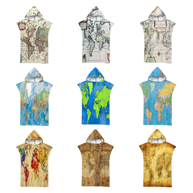 

Microfiber World Map Kids Bath Towel with Cloak Adult Beach Changing Robe Poncho Surf Quick Dry Hooded Bathrobe Swimming Towel