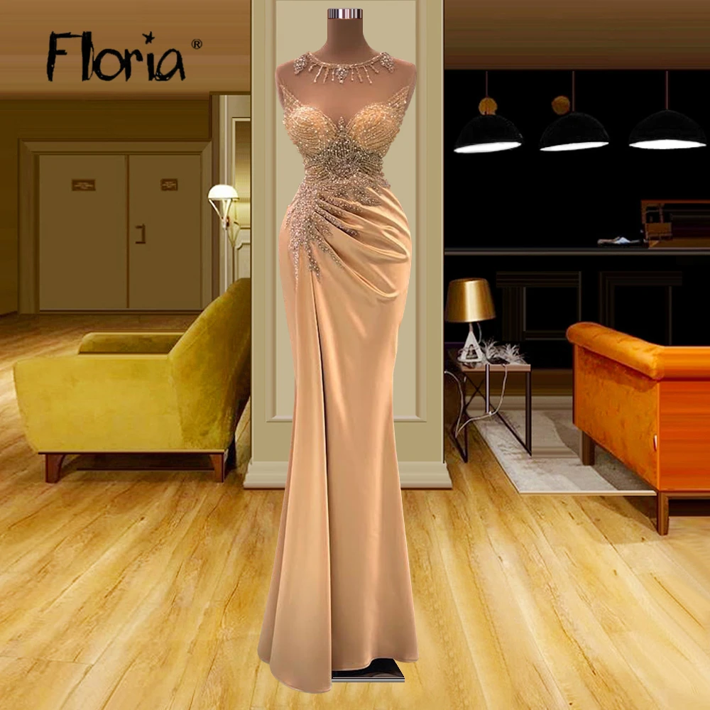 

Floria Heavy Beaded Crystals Sparkly Prom Gowns Light Champagne Mermaid Cocktail Dress Sexy Backless Wedding Robes Vestidos De