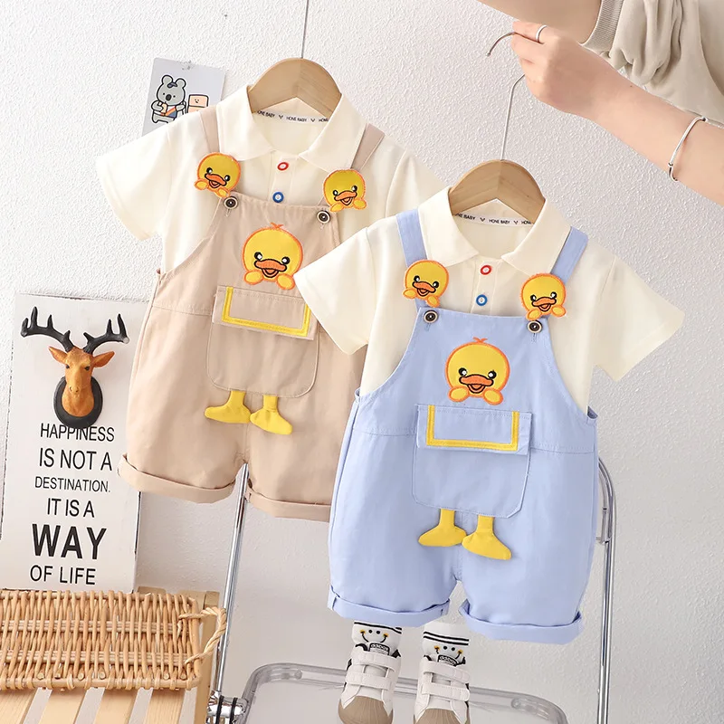 

New Summer Child Clothes Sets Short Sleeve Turn-down Collar Print Duck Blue Cute 2 Piece Sets Designer Boys Clothes Sets 12M-5T