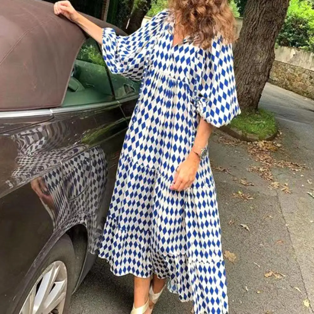 

Puff Sleeve Boho Maxi Dress Elegant Women Summer 2023 Casual Floral Drawstring V-Neck Loose Holiday Beach Dresses Party Vestidos