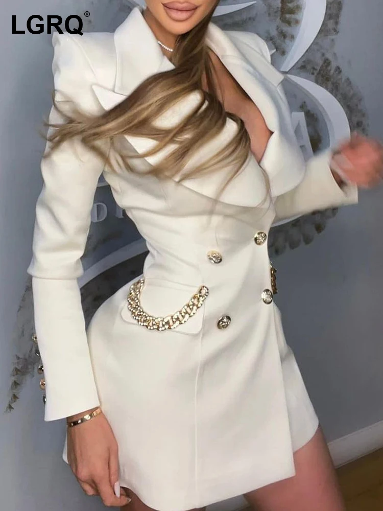 

LGRQ 2023 Fashion Elegant Women Blazer Short Dress Notched Long Sleeve Metal Chain Decorate Slimming Mini Dresses Female 19F1586