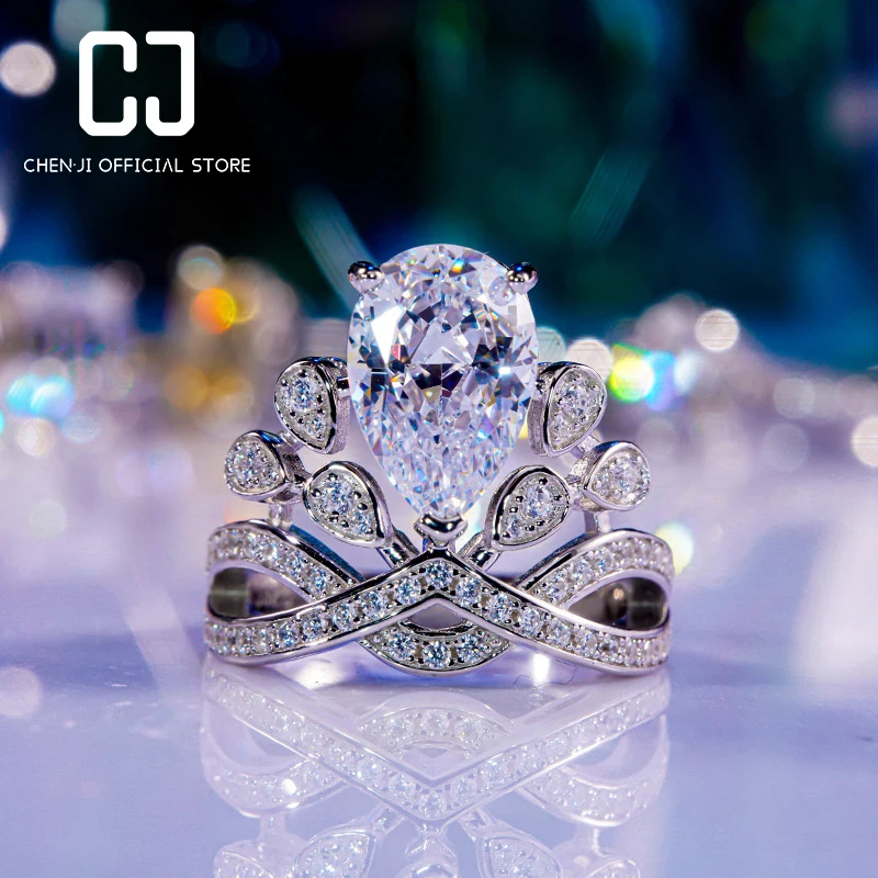 

CHENJI Baby With The Same Crown Diamond Ring Diamond Ring Drop-Shaped Moissanite Luxury Dove Egg Wedding Ring