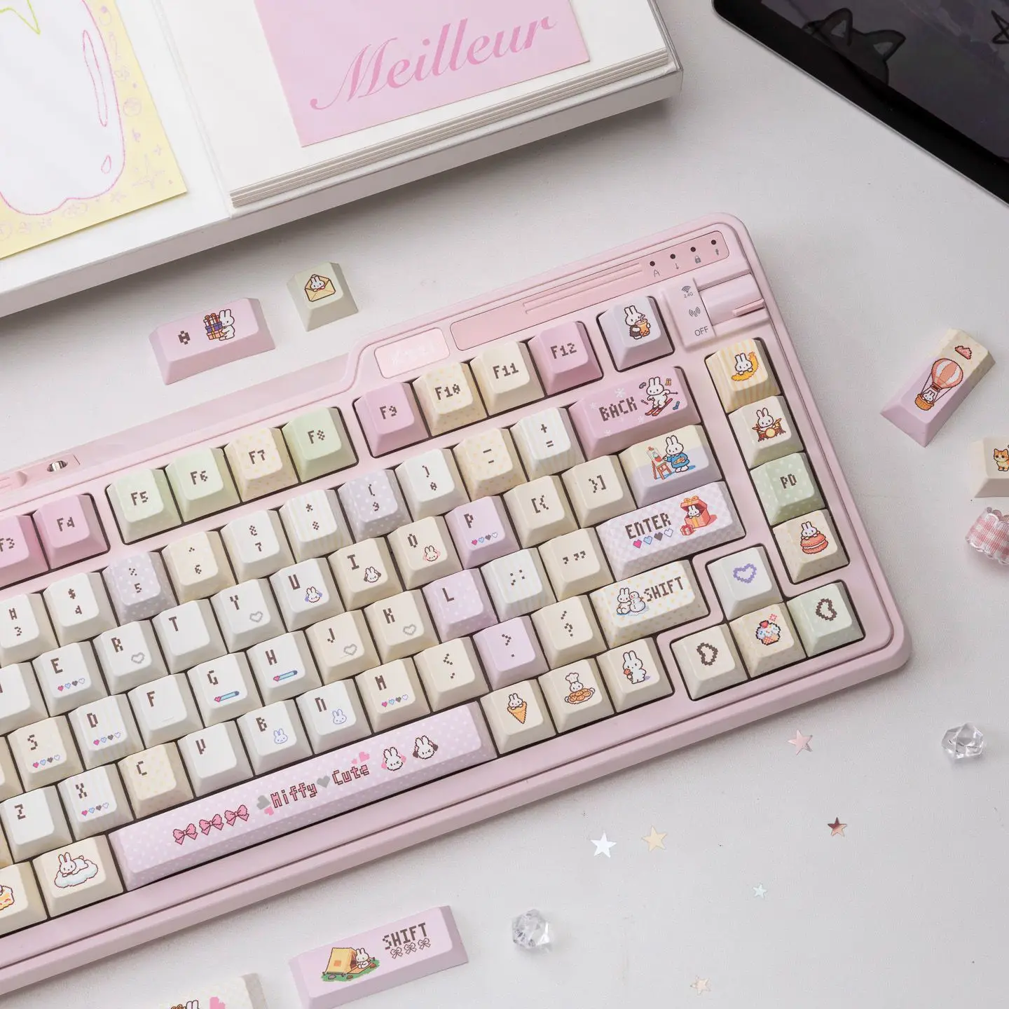 Фото Колпачки для клавиш Pixel Miffy Cute Keycaps PBT, пятисторонняя сублимационная печать, профиль OEM, сменные колпачки для механической клавиатуры, мультяшные, кавайные, милые №3