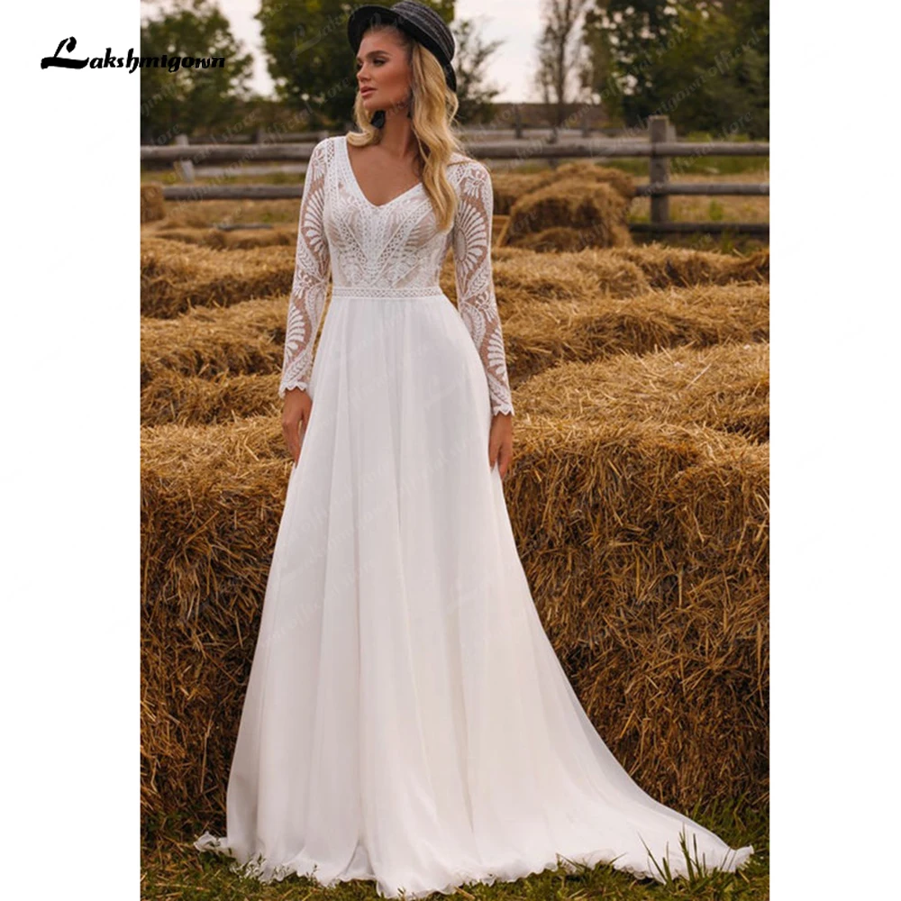 

Шифоновое платье Lakshmigown с V-образным вырезом и длинным рукавом, свадебное платье со шлейфом и открытой спиной, богемное пляжное свадебное платье в стиле бохо, свадебное платье