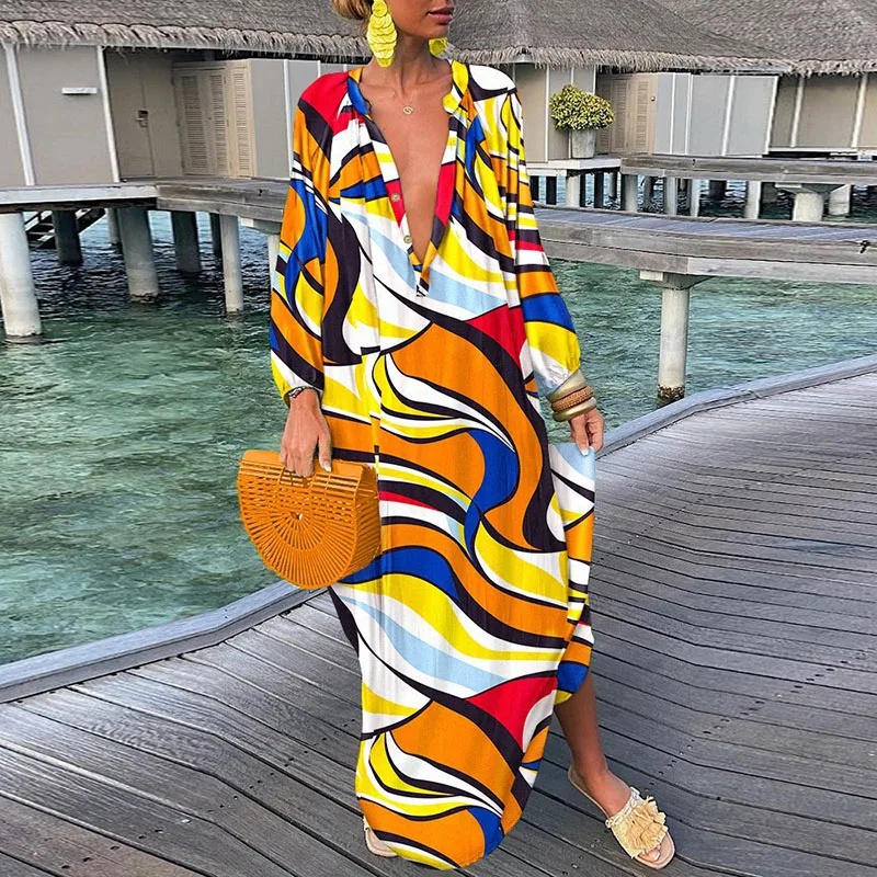 

Women Bohemian Loose Maxi Dress Spring Autumn Deep V-Neck Printed Ladies Party Dress Long Sleeve Holiday Streetwear Dropshipping