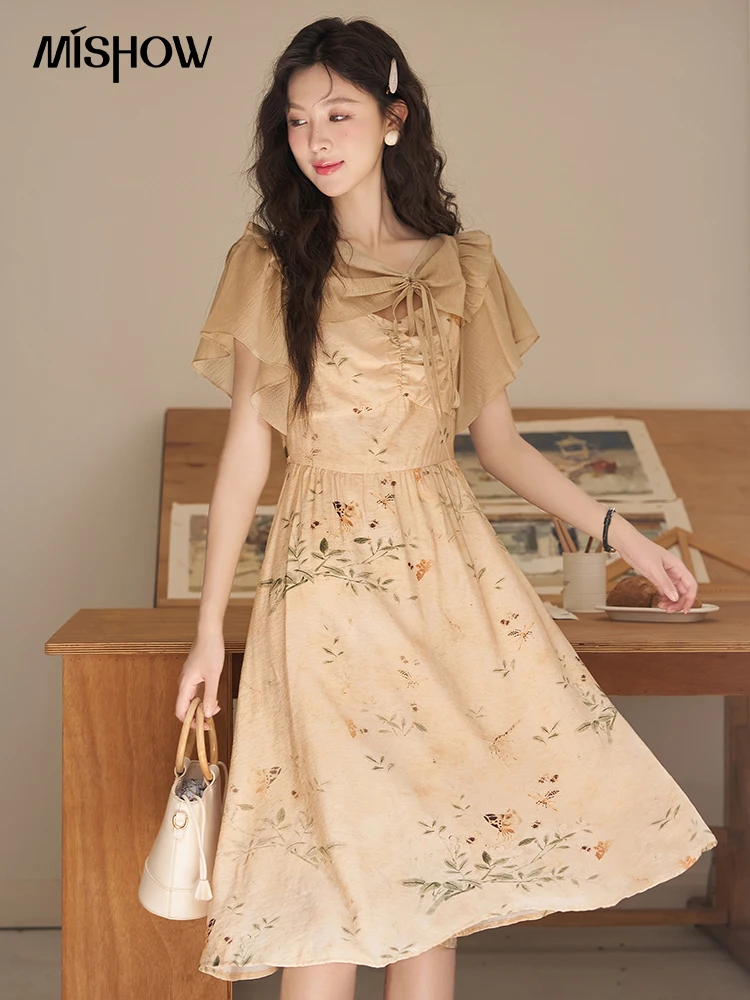 

MISHOW Women's Chinese Dress 2023 Summer Vintage Waist A-LINE Bow Lace-up V-Neck Fake Two-piece Design Midi Dresses MXC39L1542