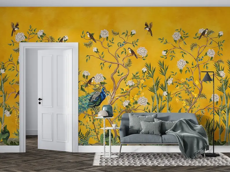 

Chinoiserie Flowers and Birds Wallpaper, Peacock, Peel and Stick, Mural, Poster, Classic Art Chinoiserie Removable Self Adhesive