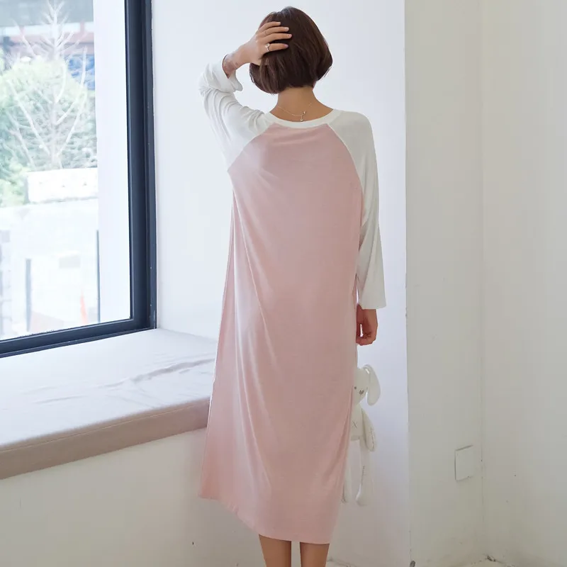Korean Version Loose Nightdress Women Long Sleeve Modal Round Neck Sleep Dress Matching Color Nightshirt Female Sleepwear